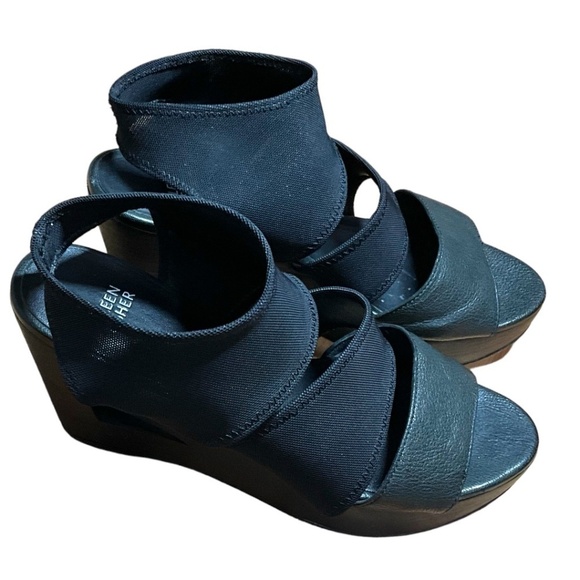 EILEEN FISHER Rally 2 Stretch Black Leather and Mesh Cut Out Wedge Sandal Sz 9.5 - Picture 5 of 11